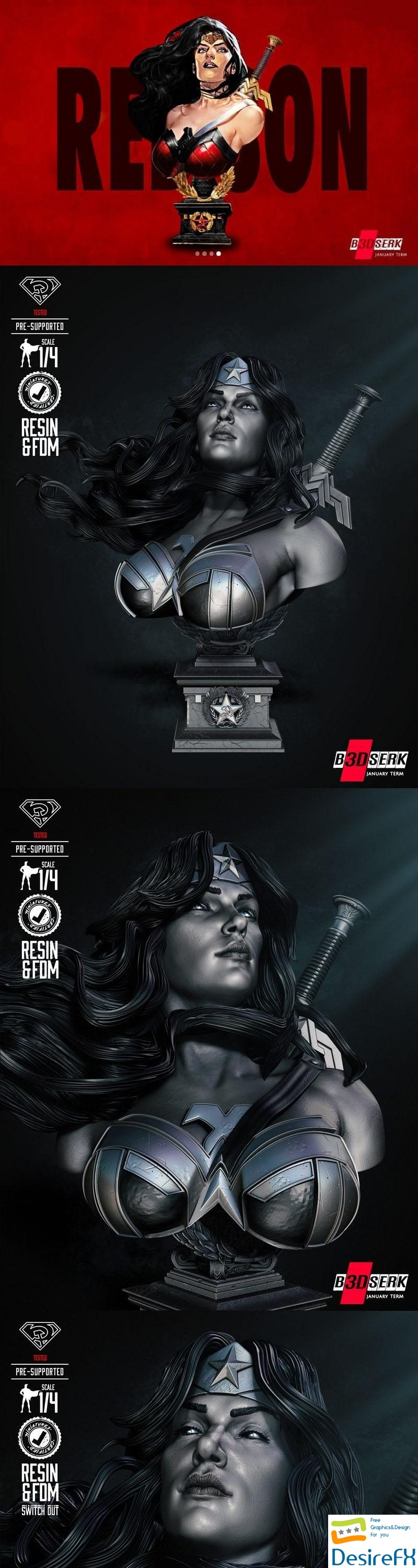 B3DSERK - Red Son Wonder Woman Bust Portrait - 3D Print