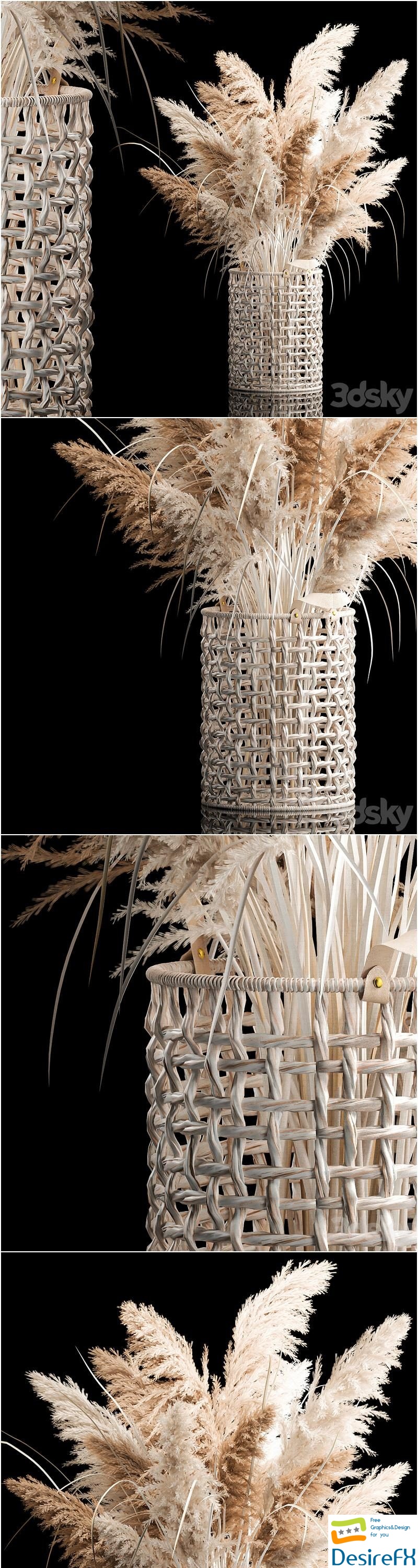 Bouquet of white dried flowers in a wicker basket, reeds, pampas 3D Model