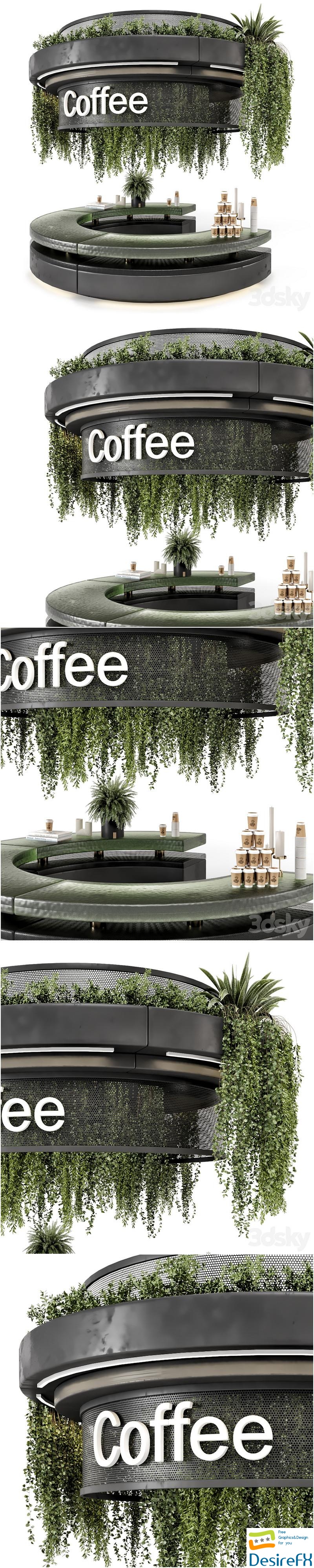 Coffee Reception Desk With Plants - Restaurant Set 1393 3D Model