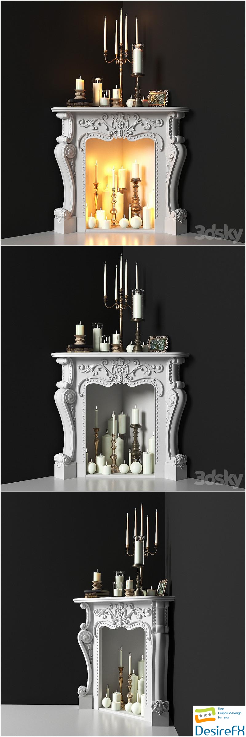 Corner fireplace with candles. Decorative set 3D Model