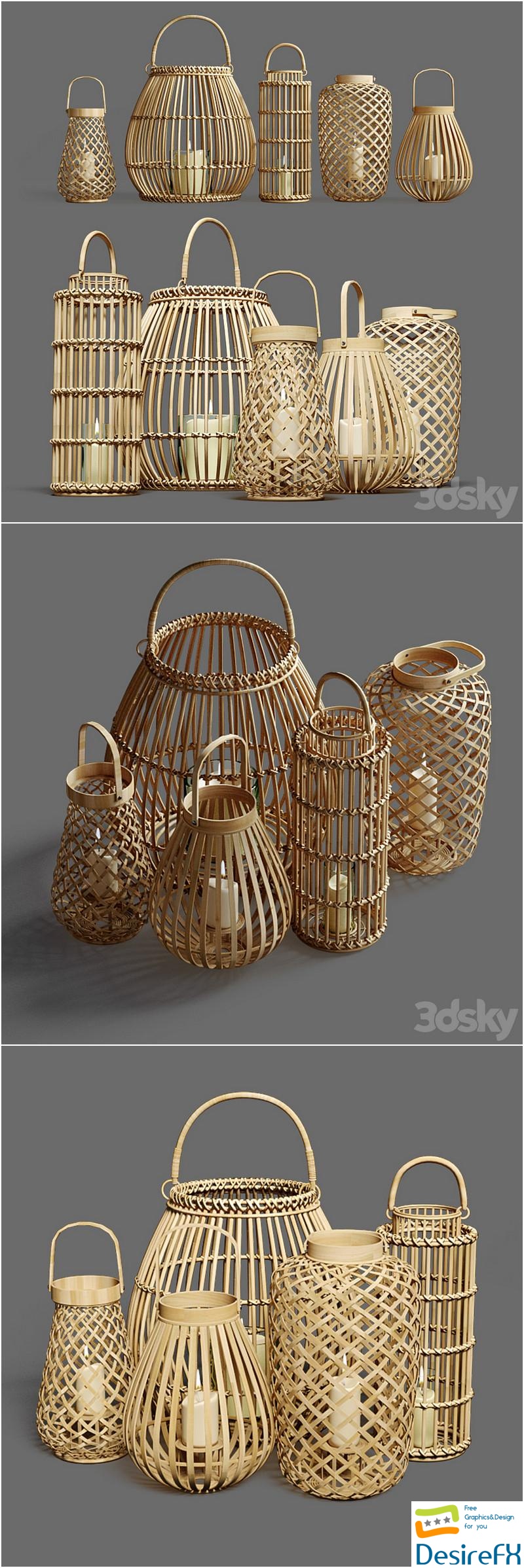 Decorative set of candlesticks lanterns 3D Model