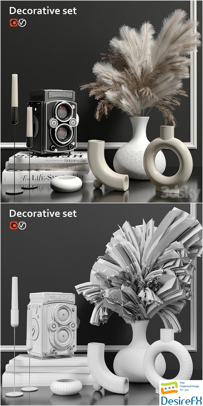 Decorative set vase, book, pampas, camera 3D Model