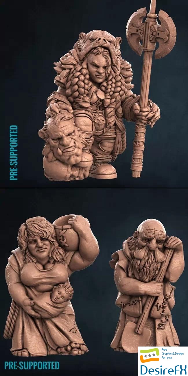 Dwarf Troll Hunter and Dwarf Villagers 3D Print