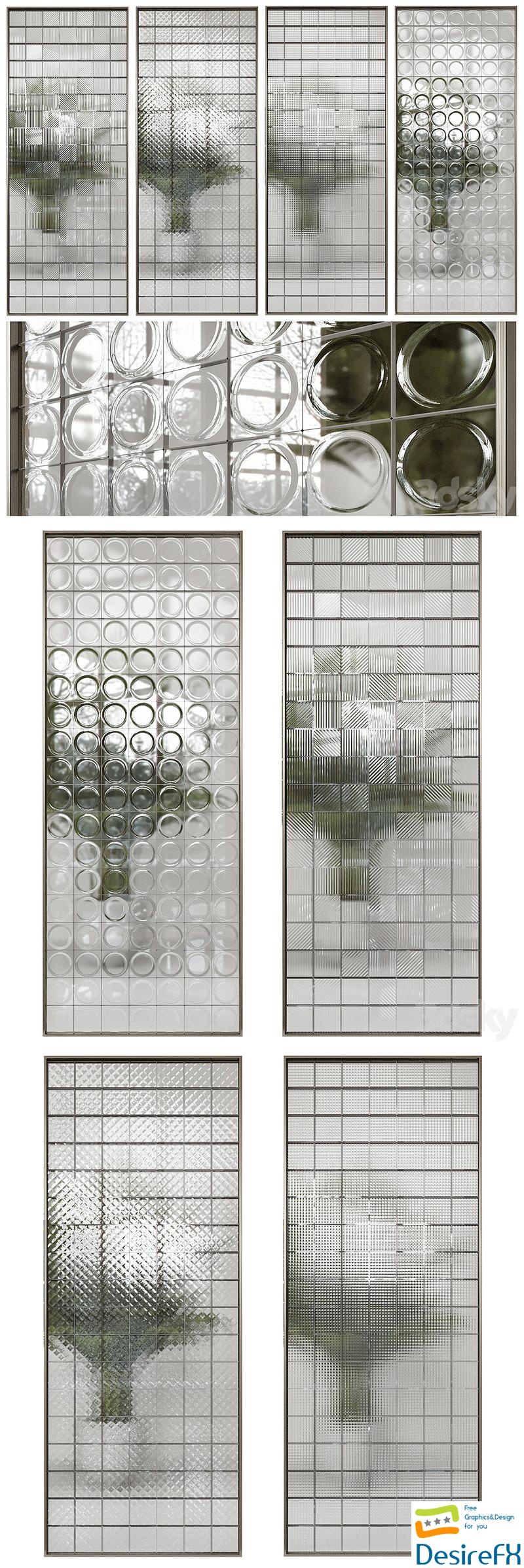 Glass block partition 2, decorative glass ribbed, swing french screen, french doors 3D Model