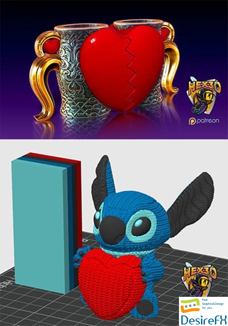 Hex3D - Valentines Mug Set and Stitched Stitch Valentines 3D Print