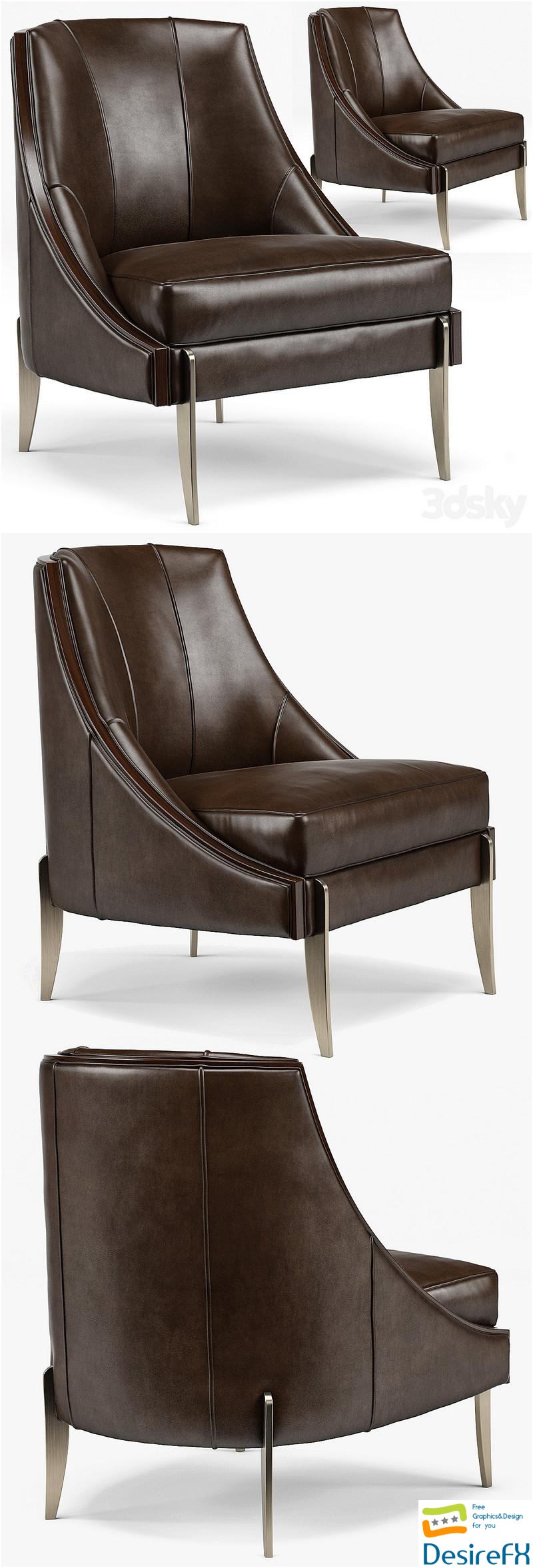Keene Modern Classic Espresso Brown Leather Bronze Arm Chair 3D Model