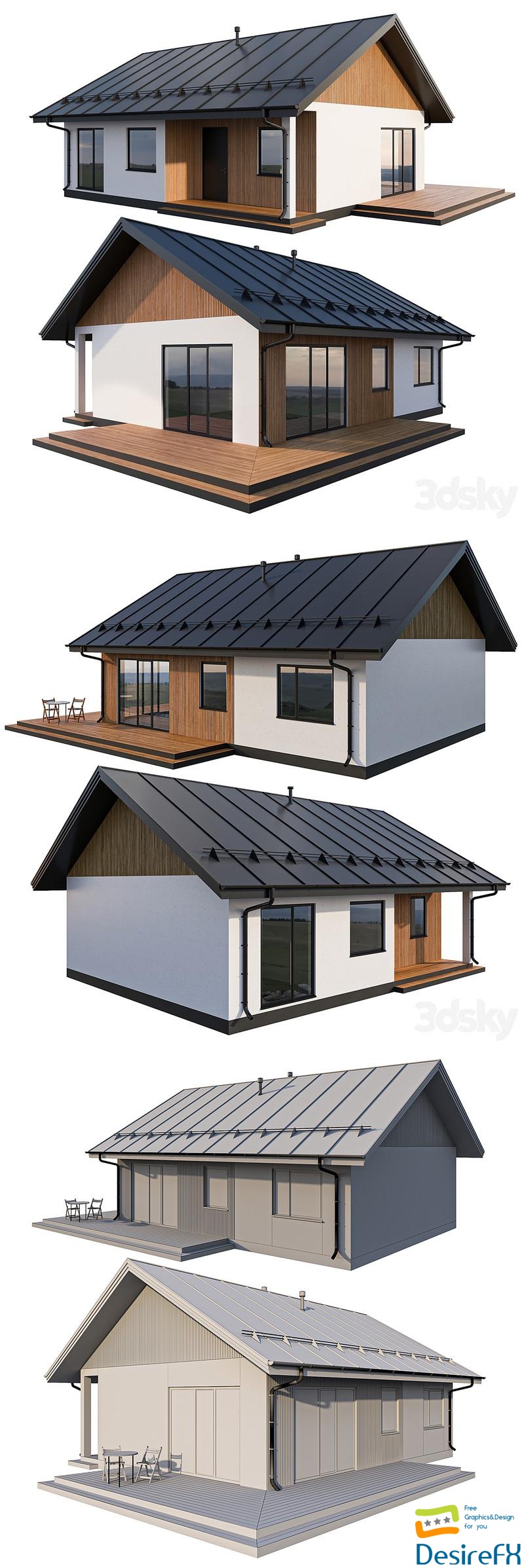 Modern cottage with click seam roof 3D Model