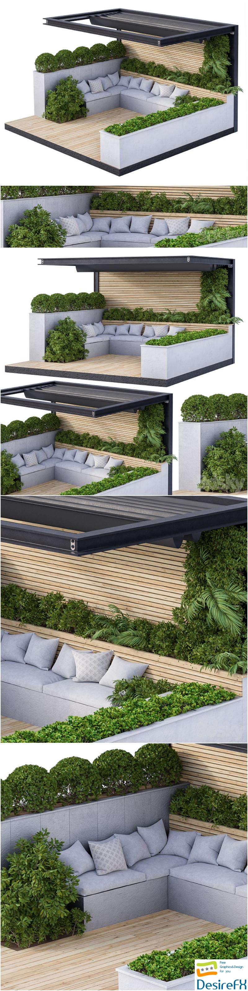 Roof Garden and Landscape Furniture with Pergola 02 3D Model