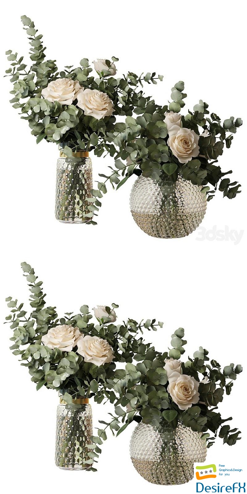 Two bouquets of roses and eucalyptus branches in glass mottled vases 3D Model