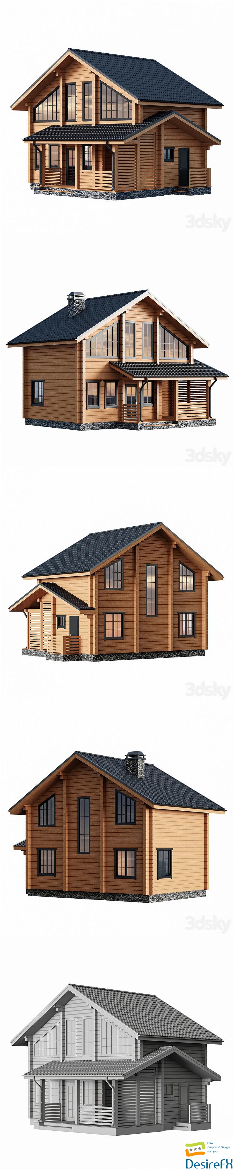 Two-storey wooden house with a porch 3D Model
