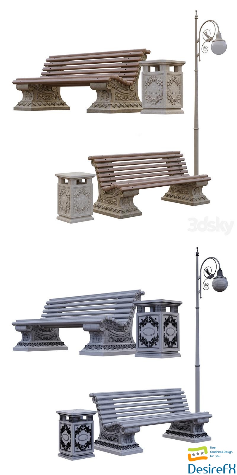 Urban environment bench pillar urn lamp post 3D Model