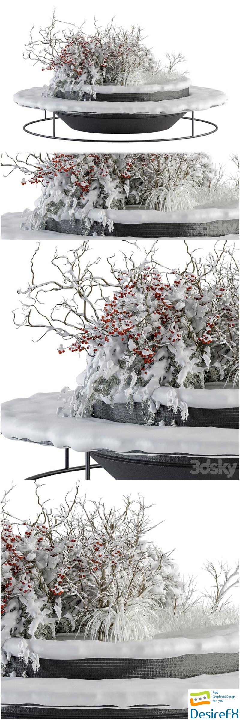 Urban Furniture snowy Bench with Plants- Set 15 3D Model