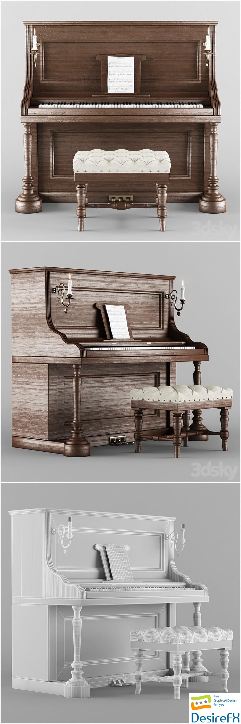 Vintage wood piano 3D Model