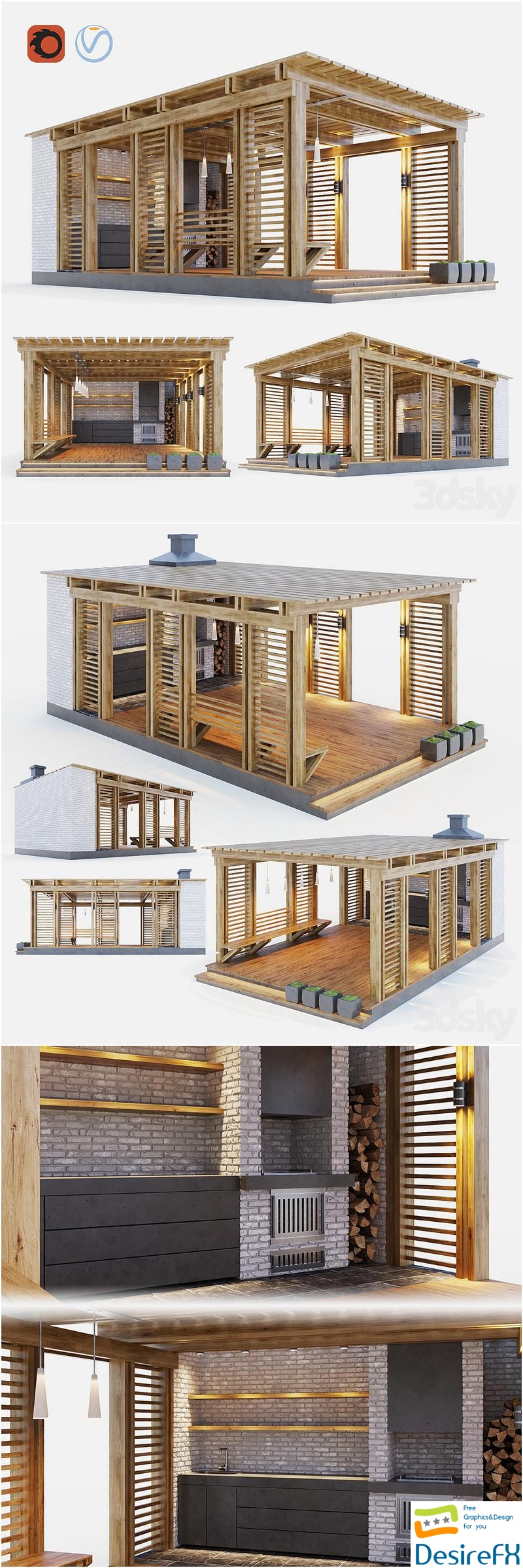 Wooden gazebo with summer kitchen 3D Model