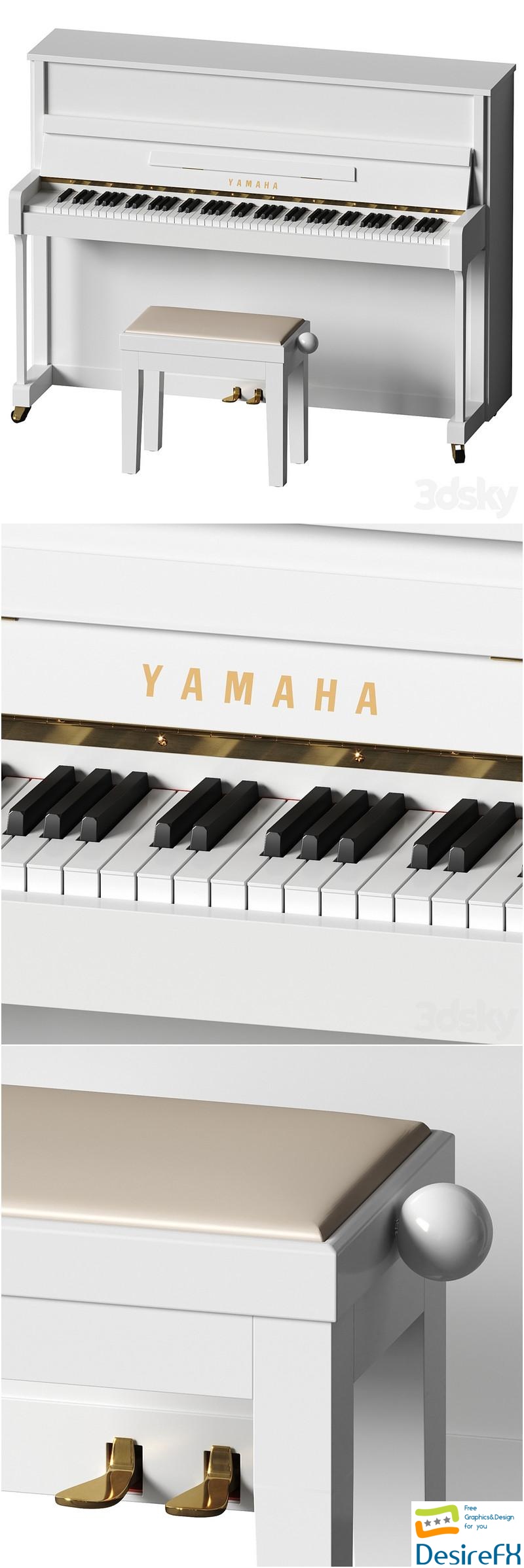Yamaha b2 PE White - piano with bench 3D Model