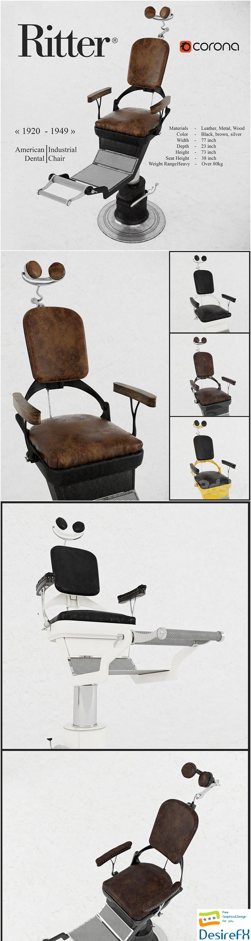American Industrial Dental Chair from Ritter, 1920s 3D Model