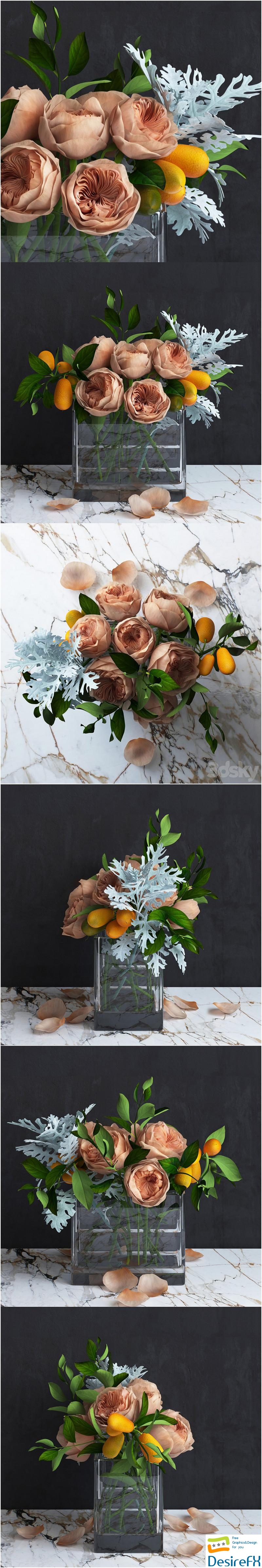 Bouquet of Austin's Roses, Kumquat and Dusty Miller plant 3D Model