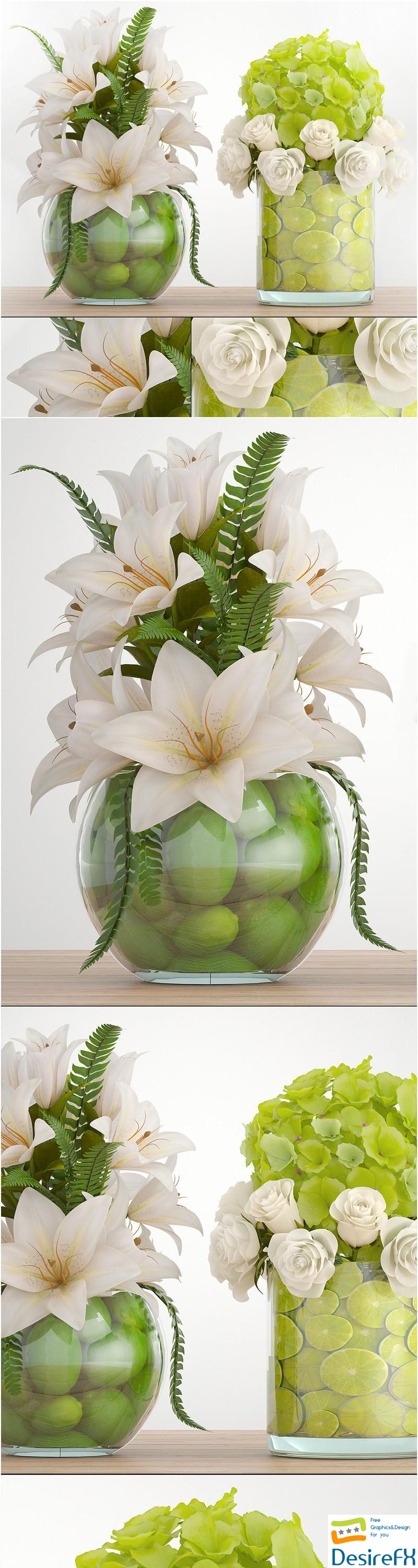 Bouquet of flowers 66. White flowers, lilies, hydrangea, vase with lemon 3D Model