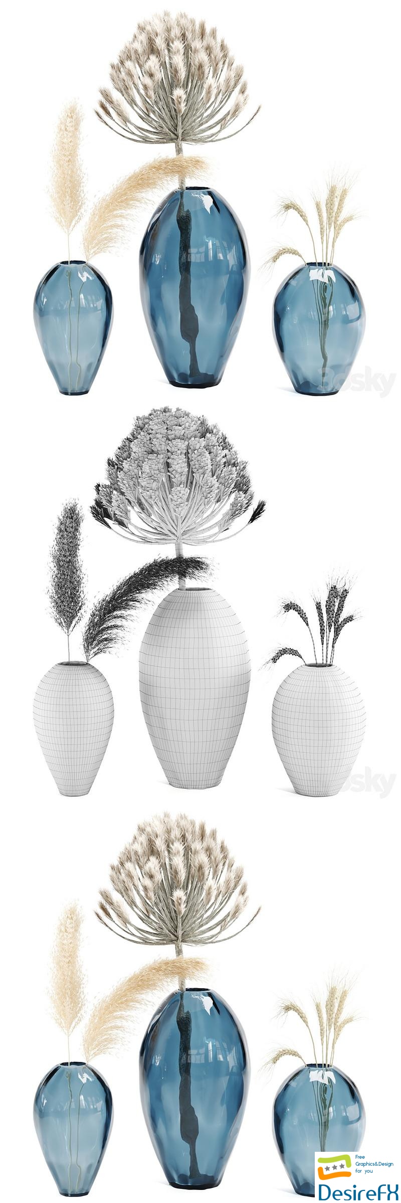 Bouquet, vase glass organics, pampas, dried flowers 3D Model