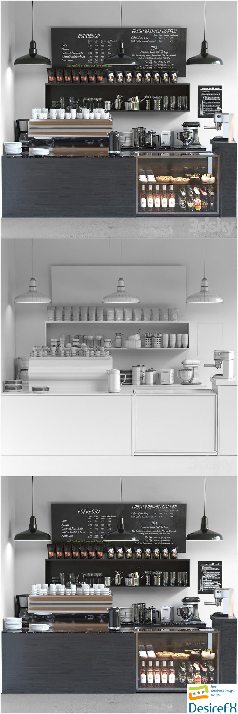 Cafe in minimalist style with a refrigerator with sweets and low-alcohol drinks 3D Model