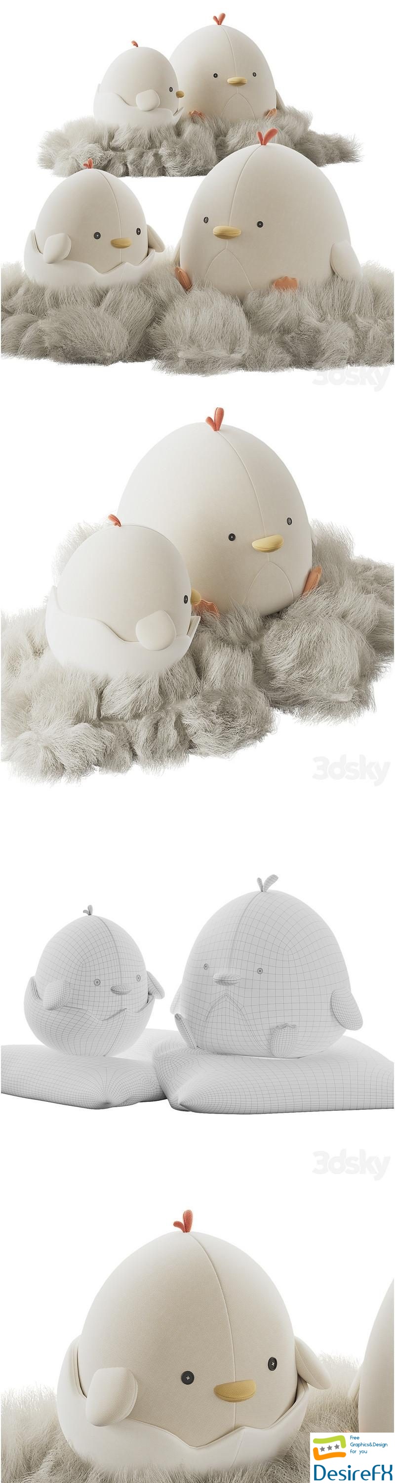 Cute plush chickens in a nest 3D Model