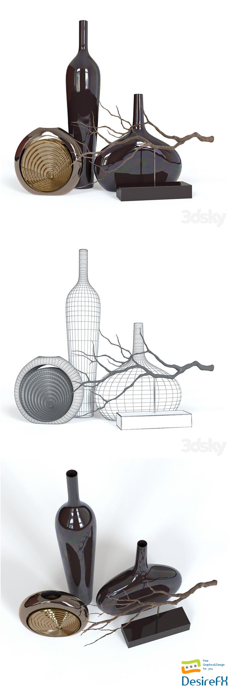 Decorative Set 2 (3 vases and line) 3D Model