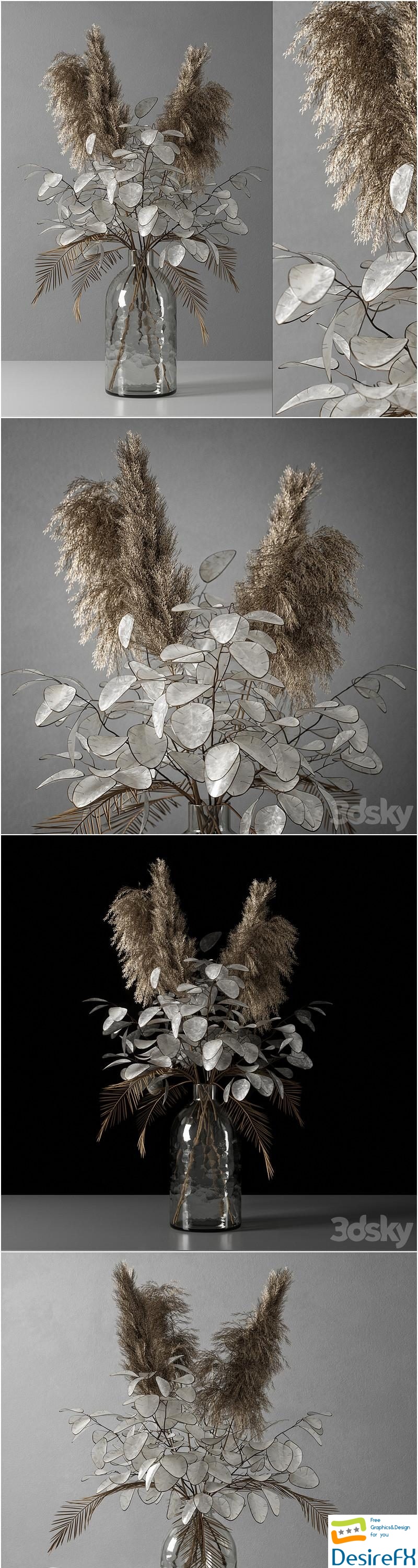Decorative vase, bouquet lunaria dried flowers 3D Model