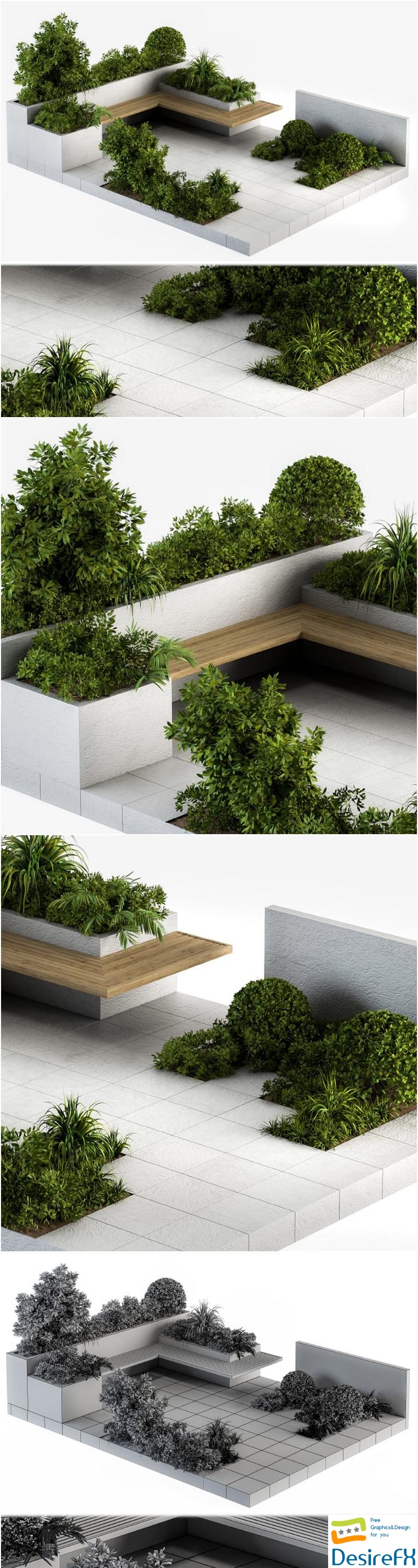 Garden outdoor set bush and tree and bench 3D Model