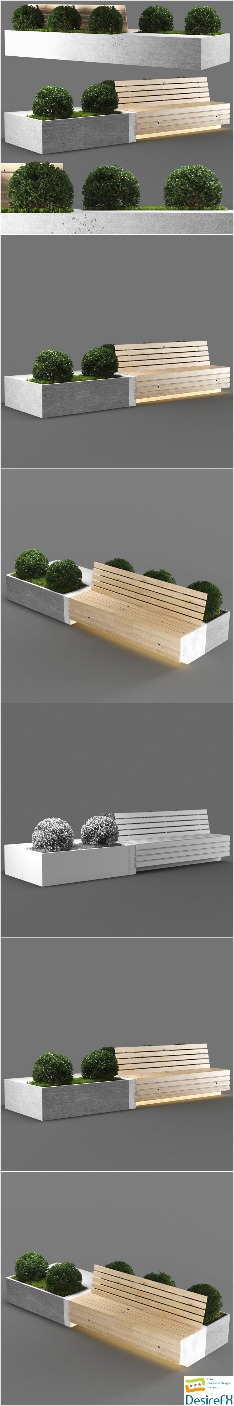 Garden set, wooden bench with plants 3D Model