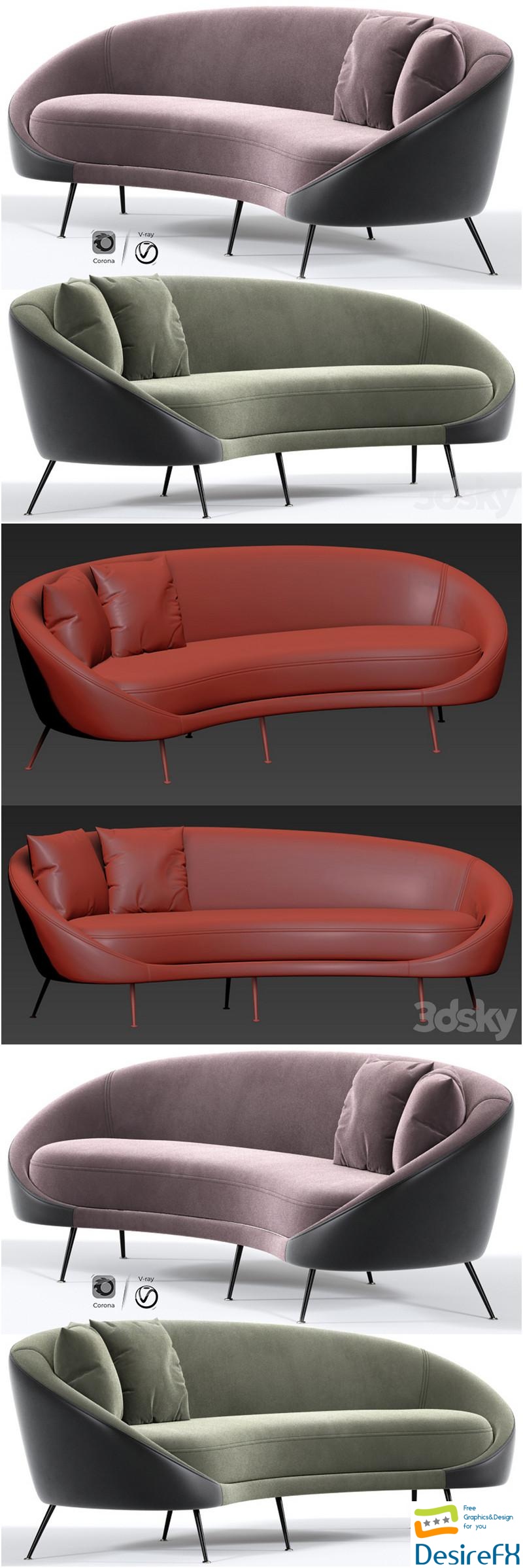 Italian Mid Century Modern Curved Sofa 3D Model