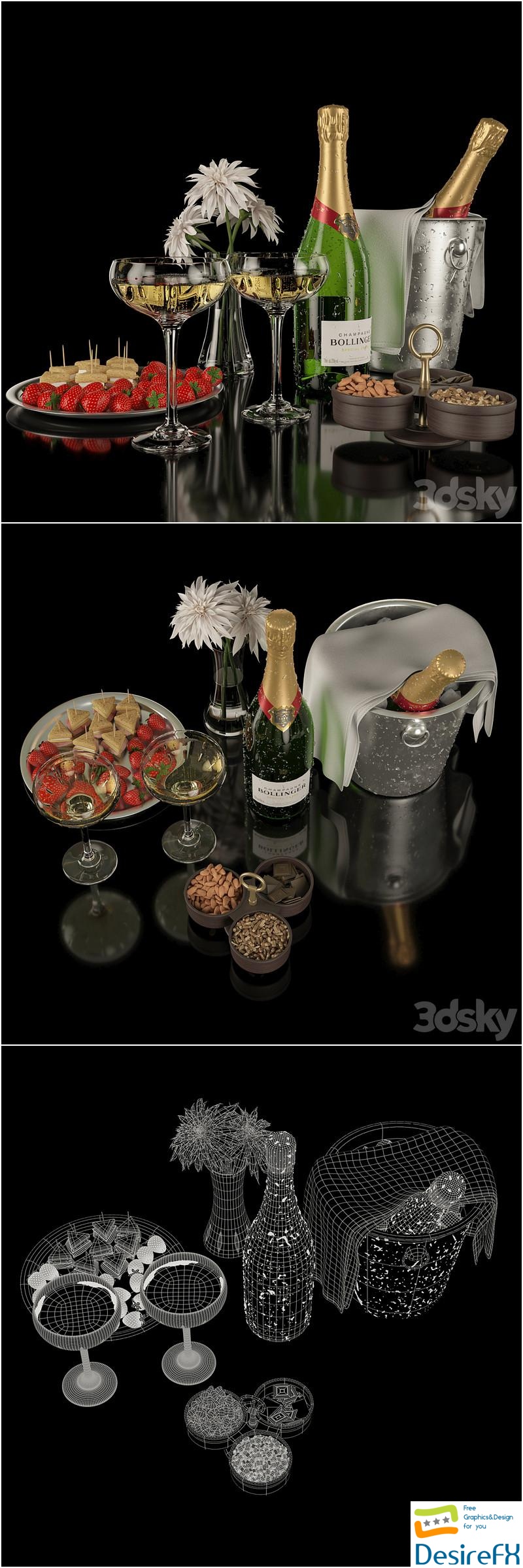 Kitchen decoration, champagne and strawberries 3D Model