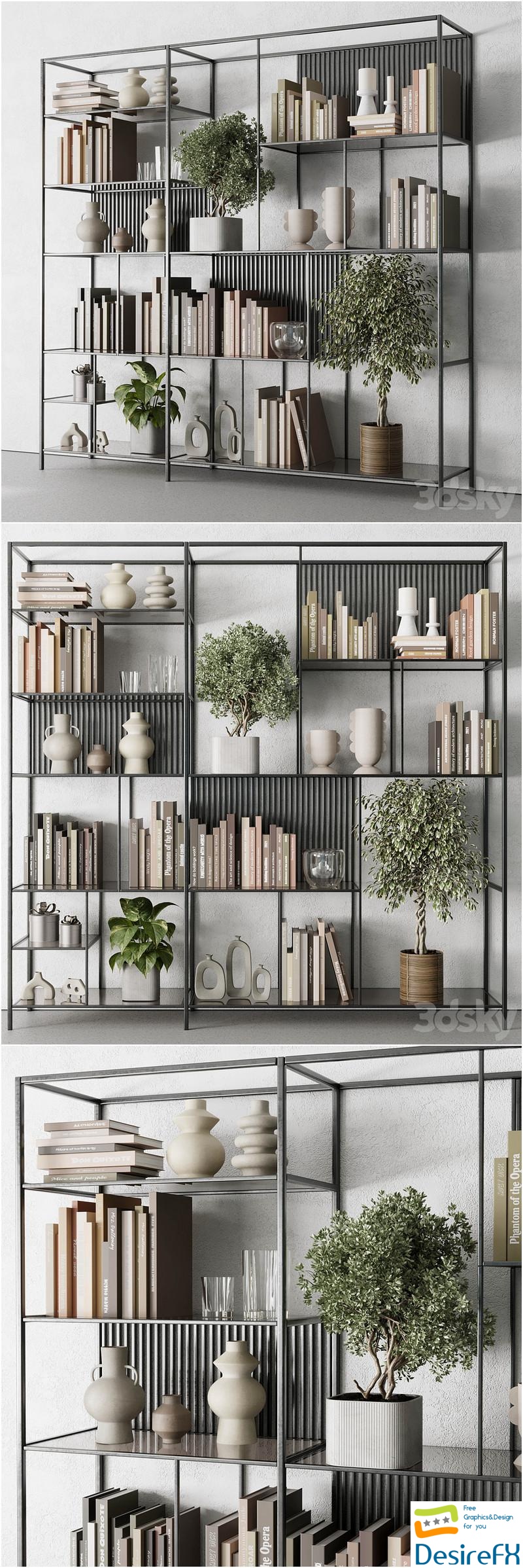 Metal Shelves Decorative With Book and plants - Metal Rack 17 3D Model