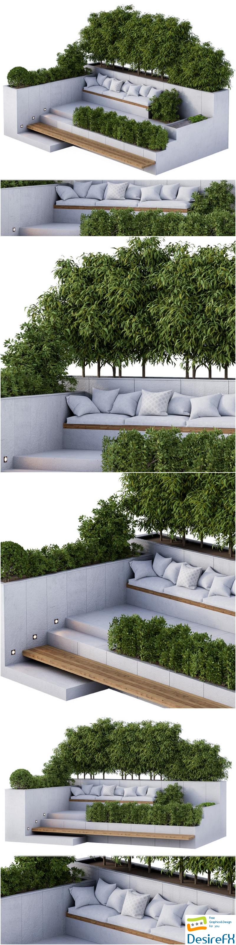 Outdoor garden set bush and tree and bench 3D Model