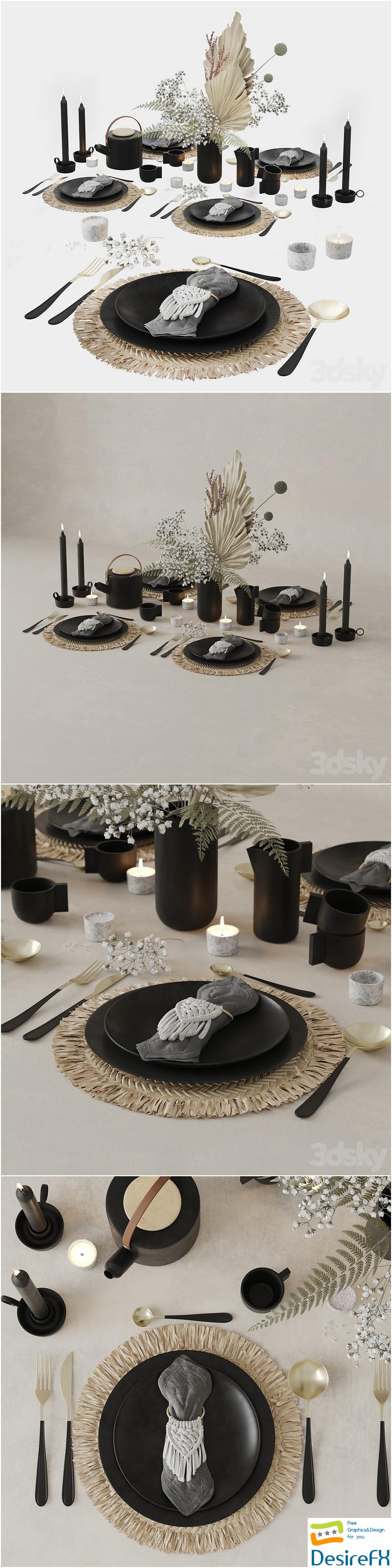 Table Set With Macrame and Dry Flowers 3D Model