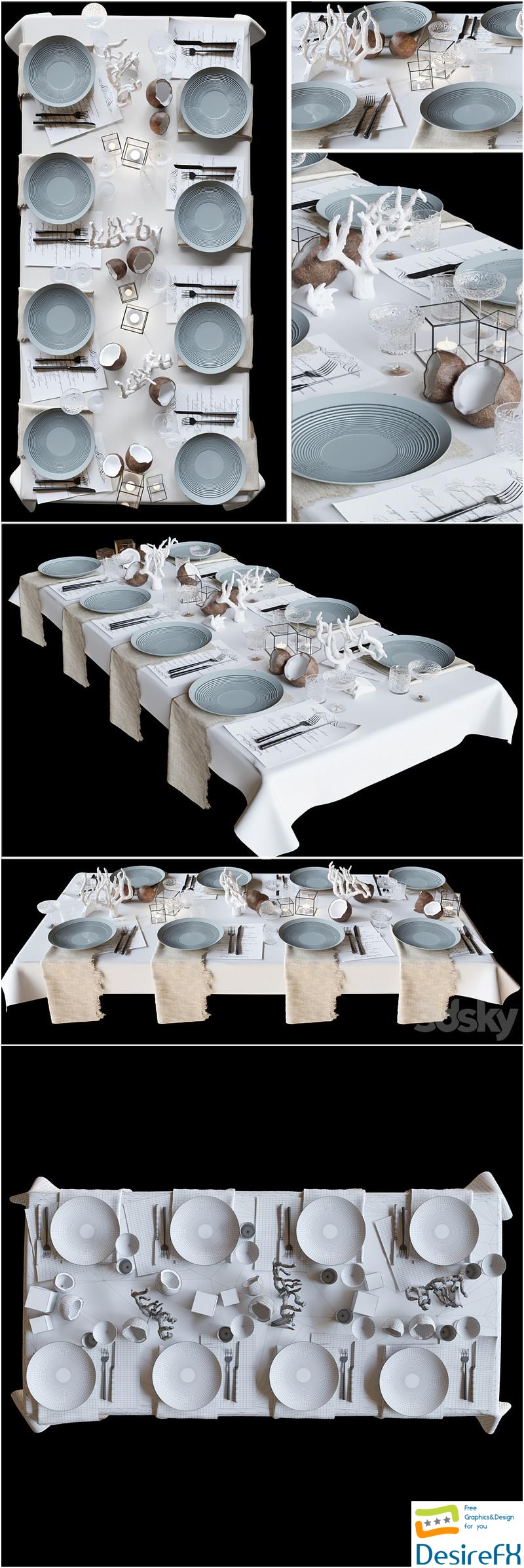 Table setting with collectible crockery, candles and marine-style corals 3D Model