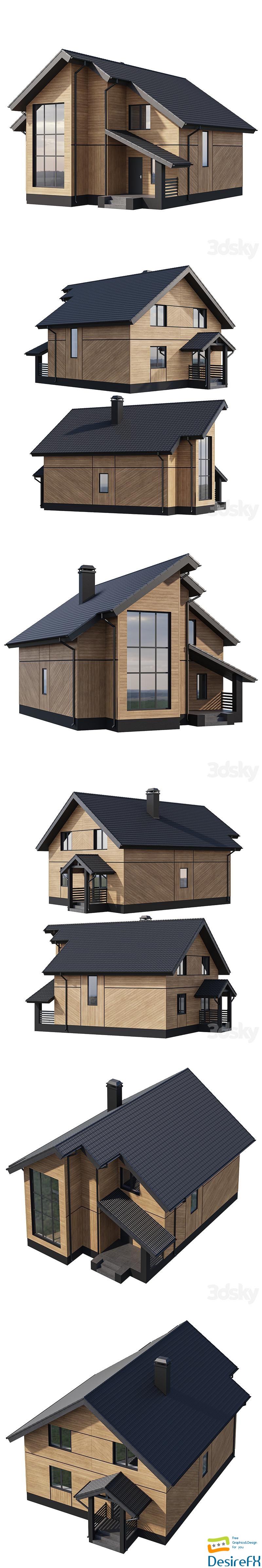 Two-storey wooden house with a complex pitched roof 3D Model