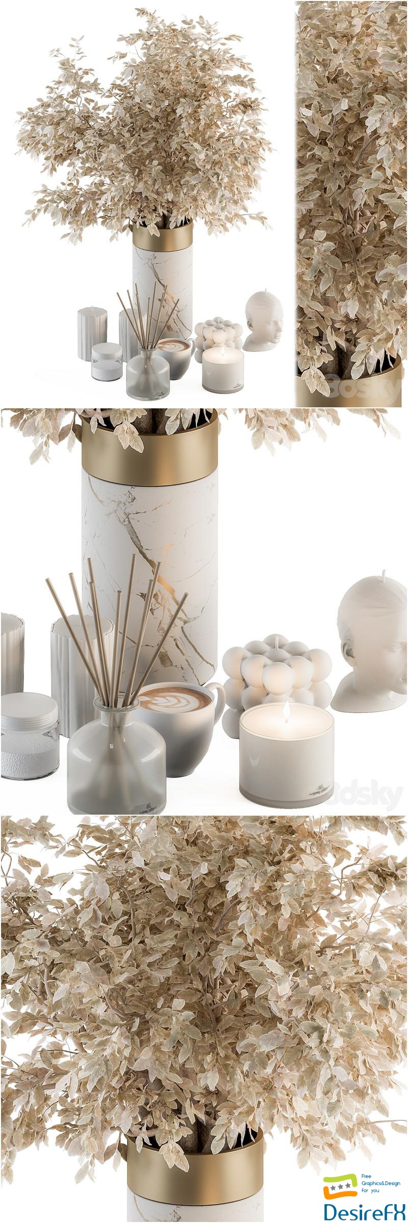 White and Gold Decorative Set with Dried plant - Set 106 3D Model