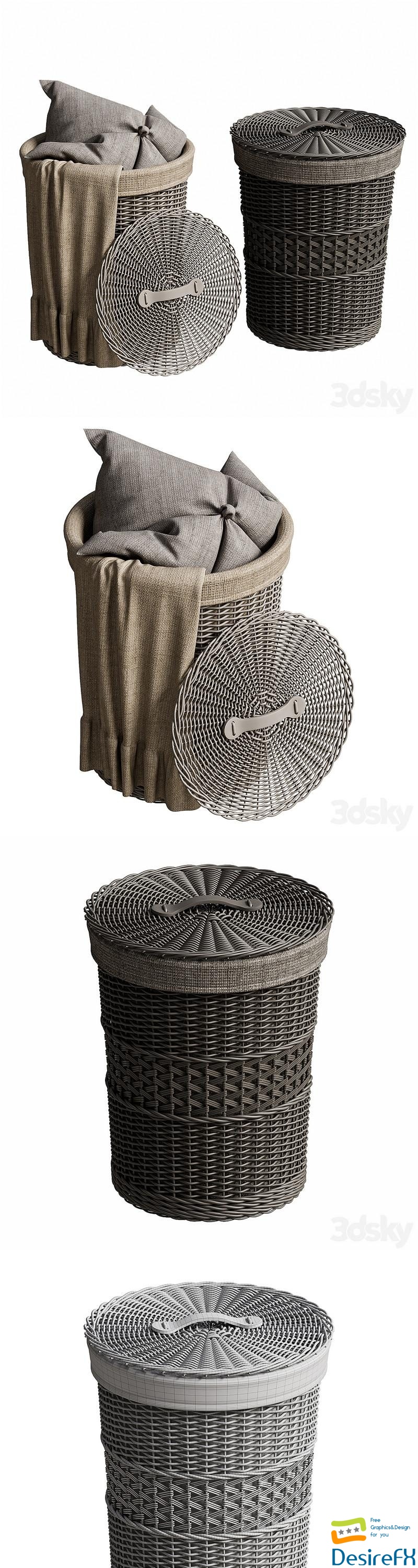 Wicker basket with pillow and blanket 3D Model