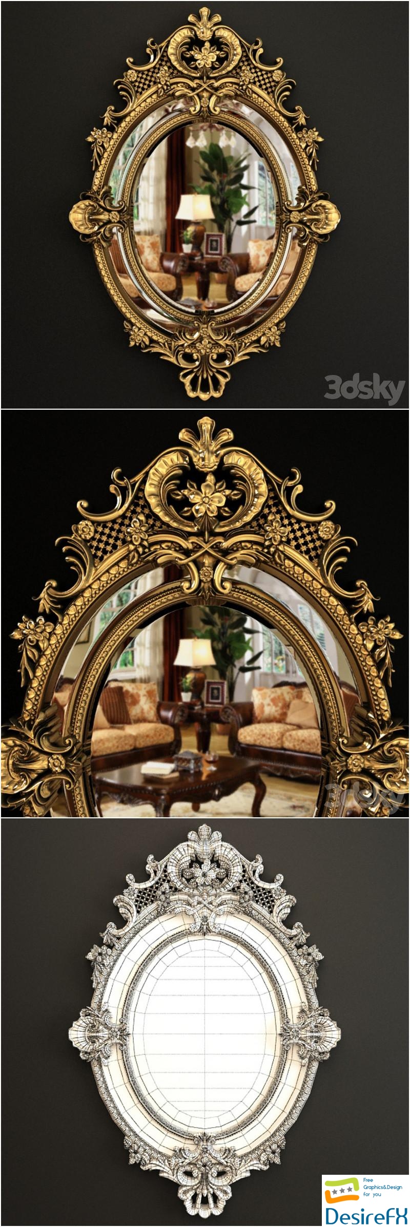 Century French Louis XV Fine Gilt Carved Oval Mirror 3D Model