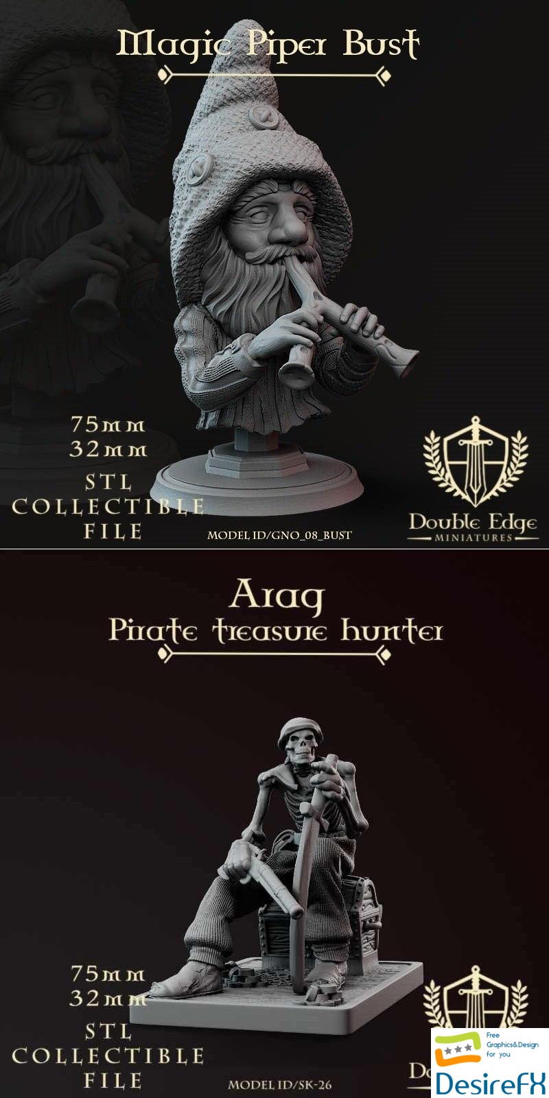 Double Edge - Magic Piper Bust and Arag pirate treasure hunter 3D Print