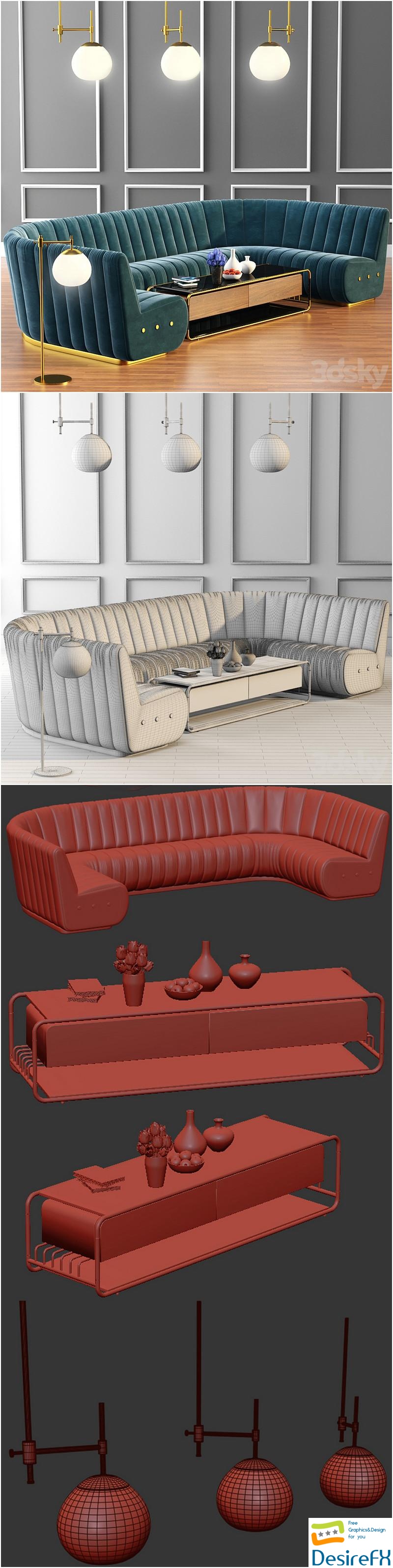 Sophia Long Sofa & Launter Table With Parquet 3D Model