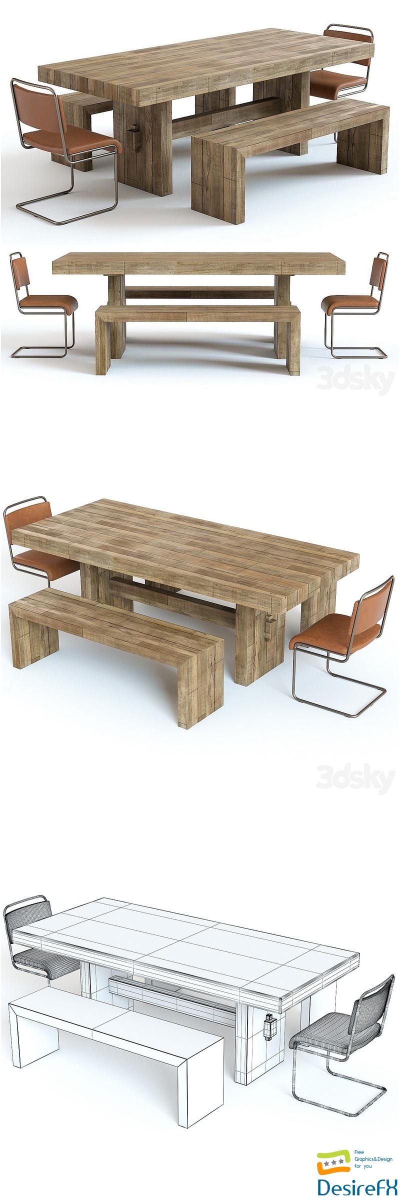 West Elm Emmerson Table and Industrial Chairs 3D Model