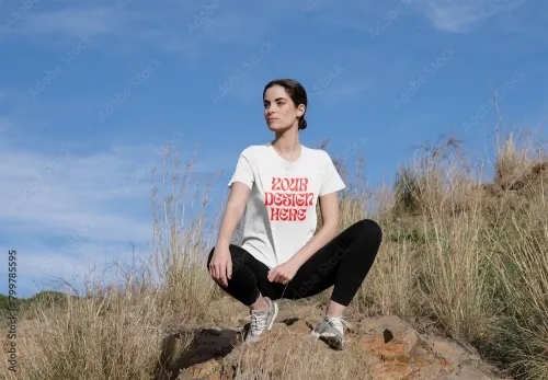 Mockup of woman wearing customizable sports t-shirt, crouching 799785595