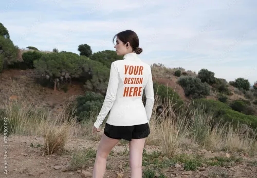 Mockup of woman wearing customized sports top, rear view 799801062